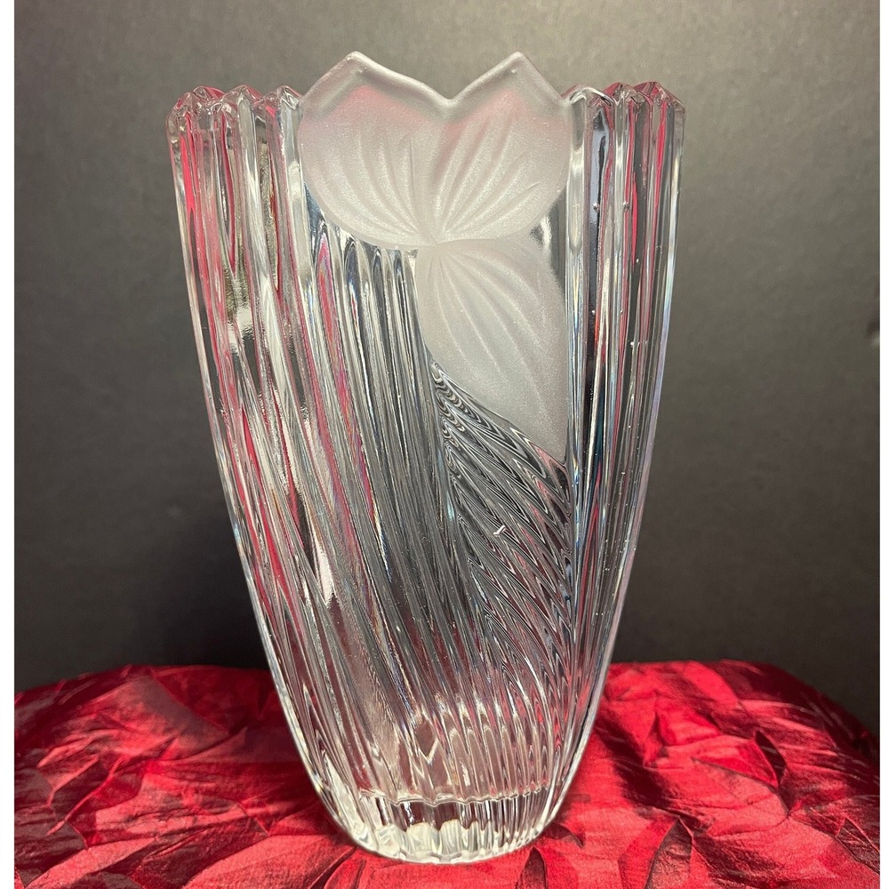 Vintage Anna Hütte Crystal Oval Vase Etched Flower Sawtooth Rim Germany 1980s